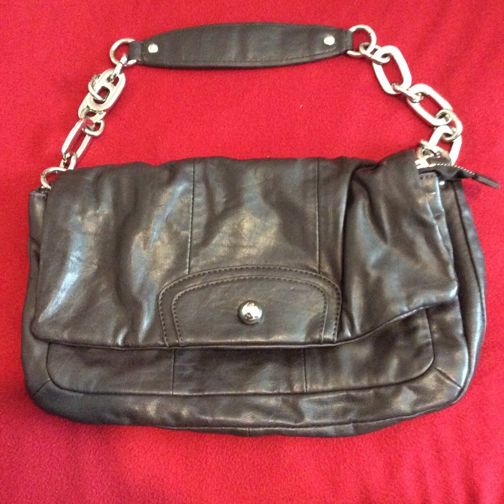 Dark brown leather/silver authentic coach purse